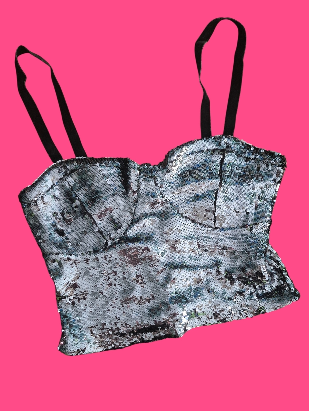 Sequin Bustier Cami Crop Top with Black Velvet Straps
